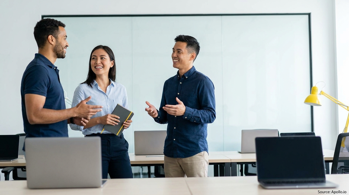 Three colleagues smiling and conversing in a bright, modern office space.