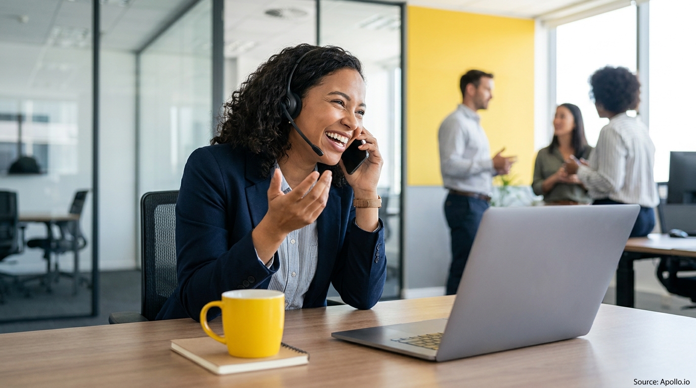 Laughing woman in headset on phone call at desk, three colleagues discuss in modern office.