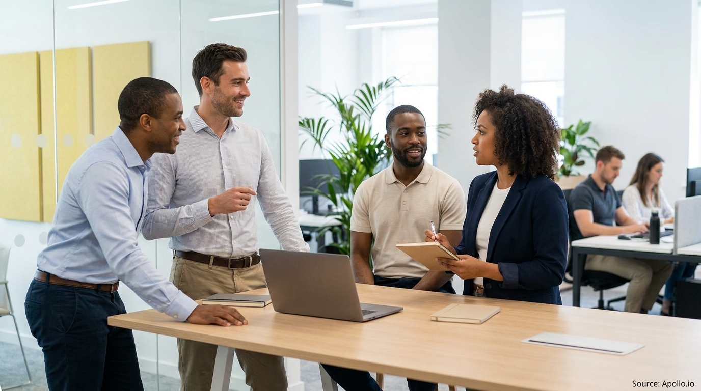 Diverse team of four professionals discussing at a modern office table.
