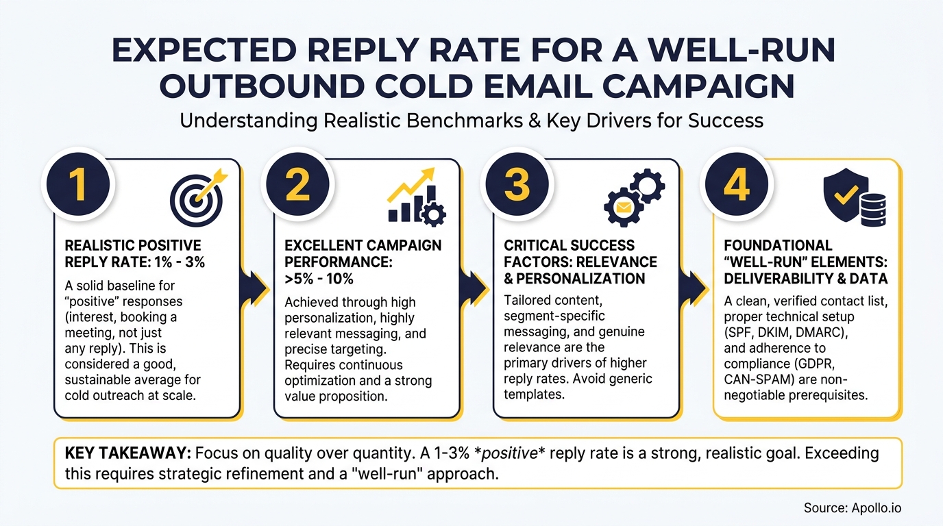 Infographic outlining four key elements for cold email campaign reply rates and success factors.