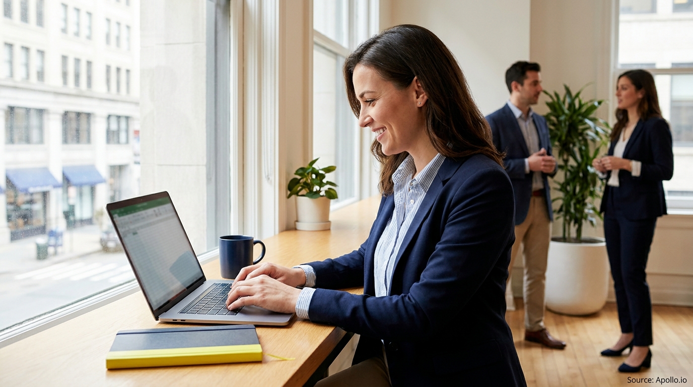 Smiling woman works on a laptop by a window; two colleagues talk in the background.