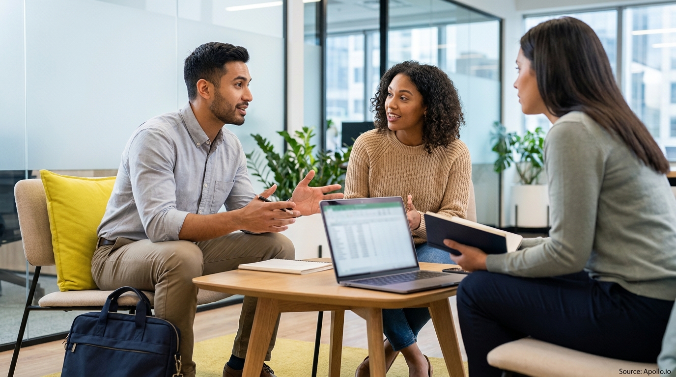 Three diverse professionals discuss work around a coffee table in a modern office.