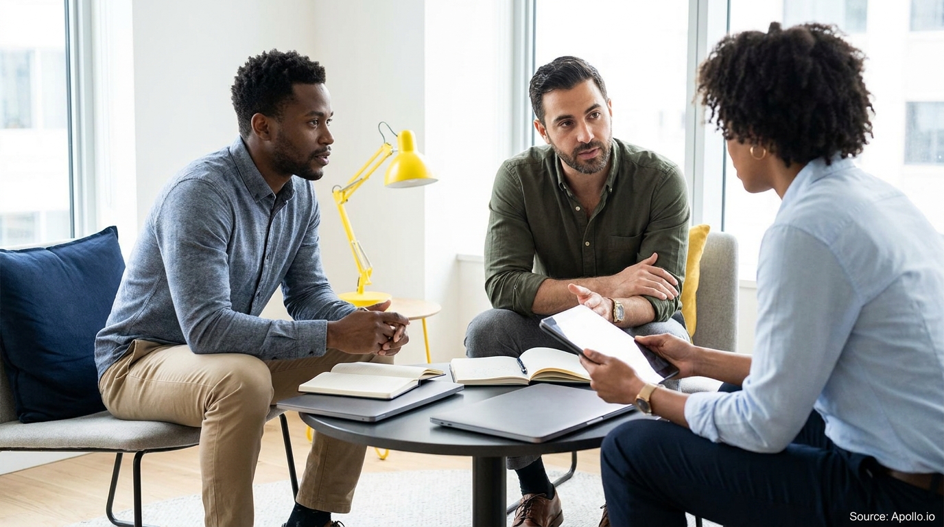 Three professionals discuss at a bright modern office table with laptops and notebooks.