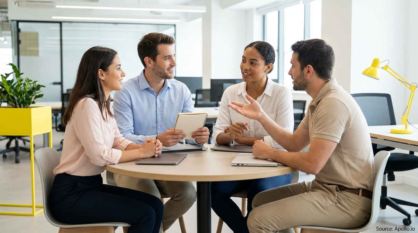 Four diverse professionals discuss strategy at a bright office table.
