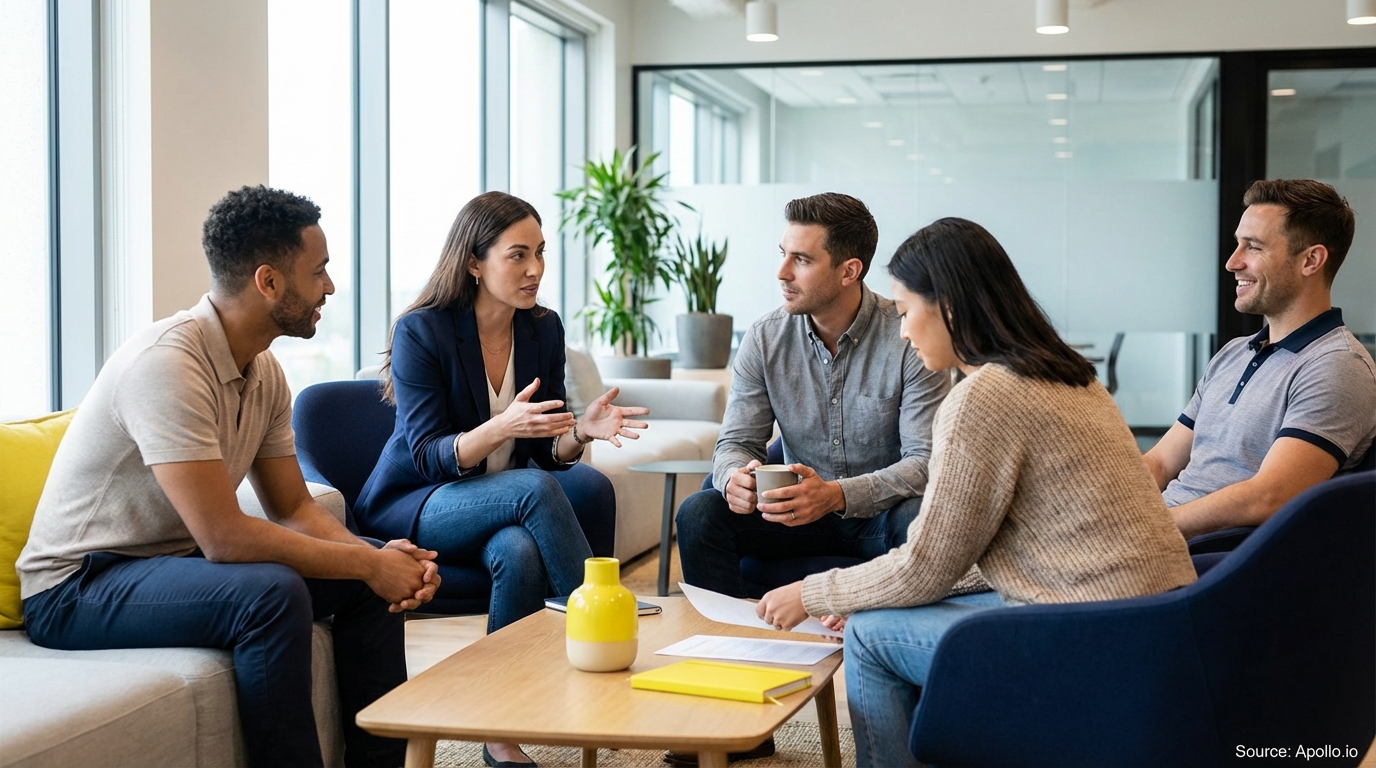 Five diverse professionals discussing in a bright, modern office lounge.