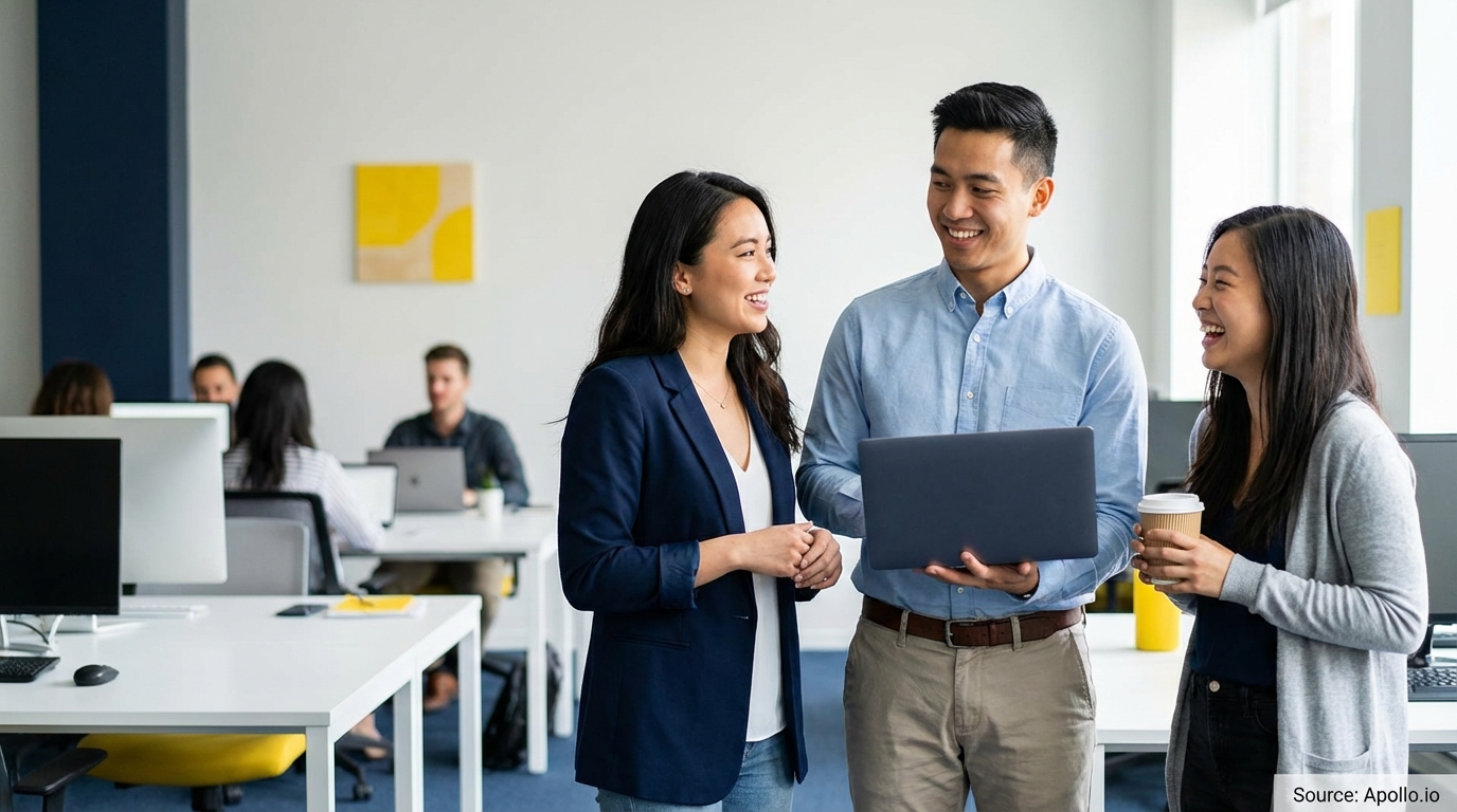 Three smiling professionals discuss in a modern office with others working.