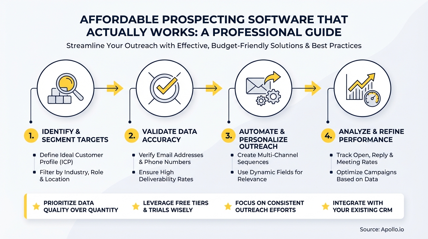 Infographic illustrating four steps for affordable and effective prospecting software, with icons and text.