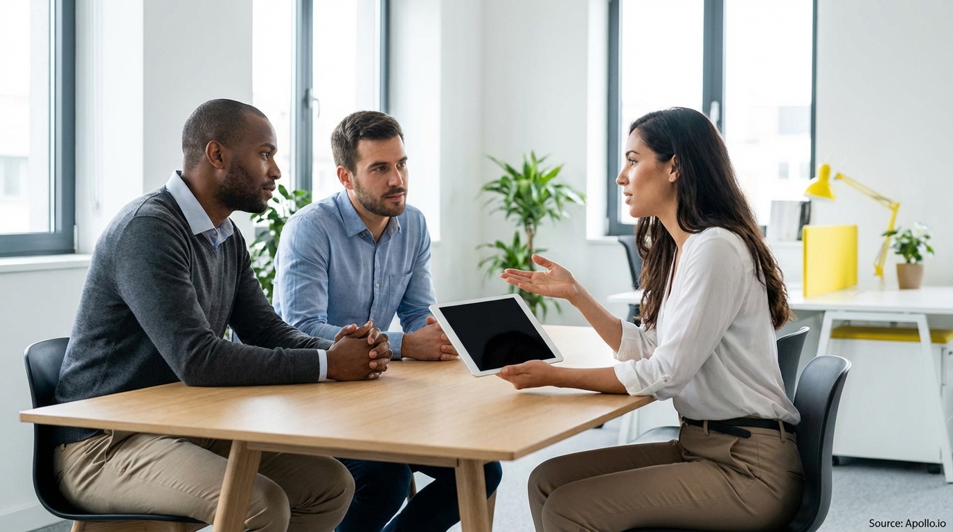 Three business professionals discuss content on a tablet at a modern office table.