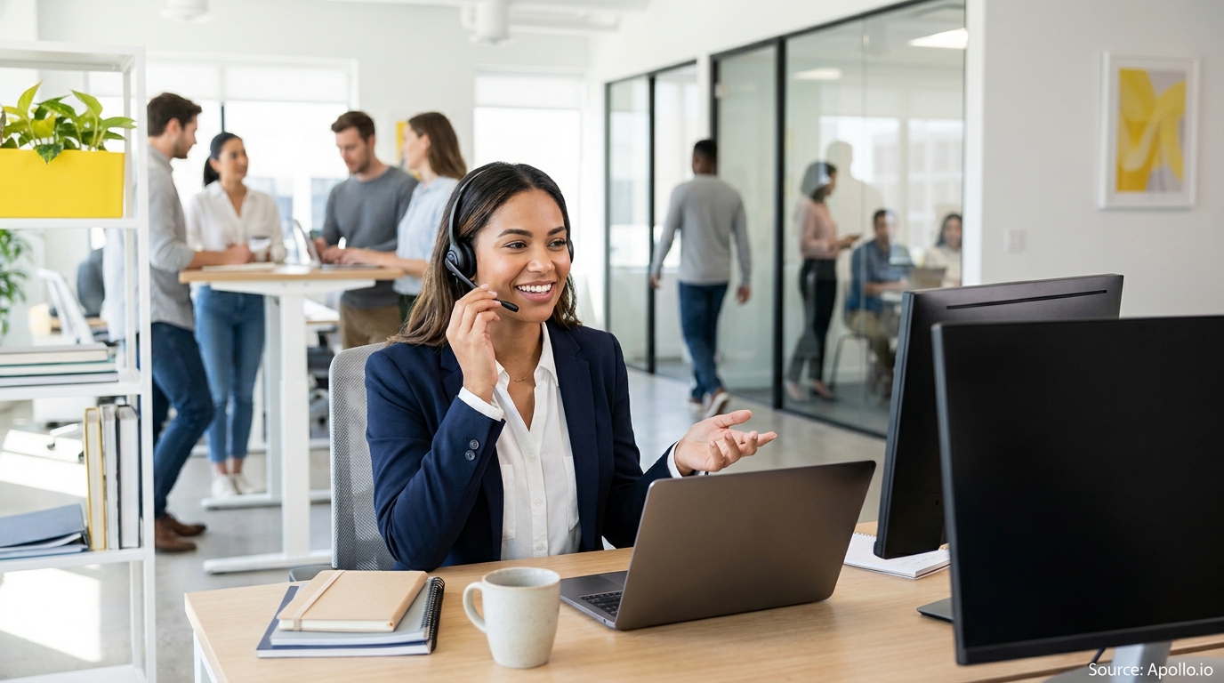A smiling woman wearing a headset talks on a laptop in a busy, modern office with other people.