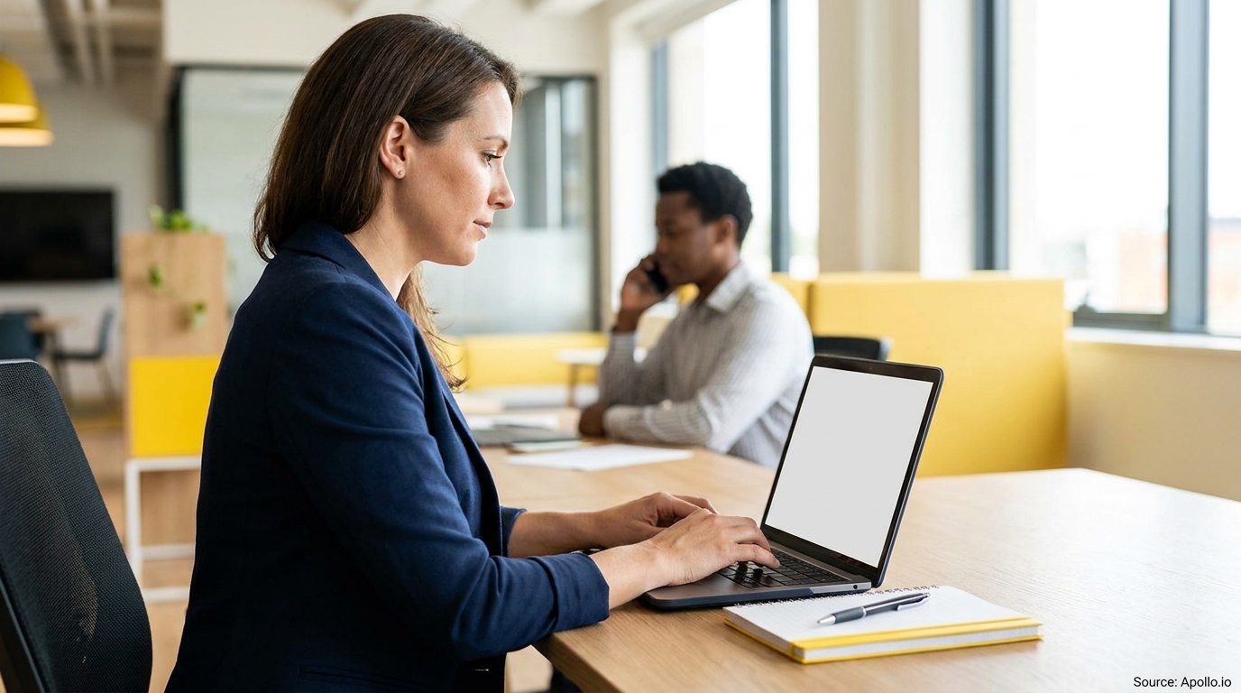 A woman types on a laptop while a man talks on the phone in a bright, modern office.