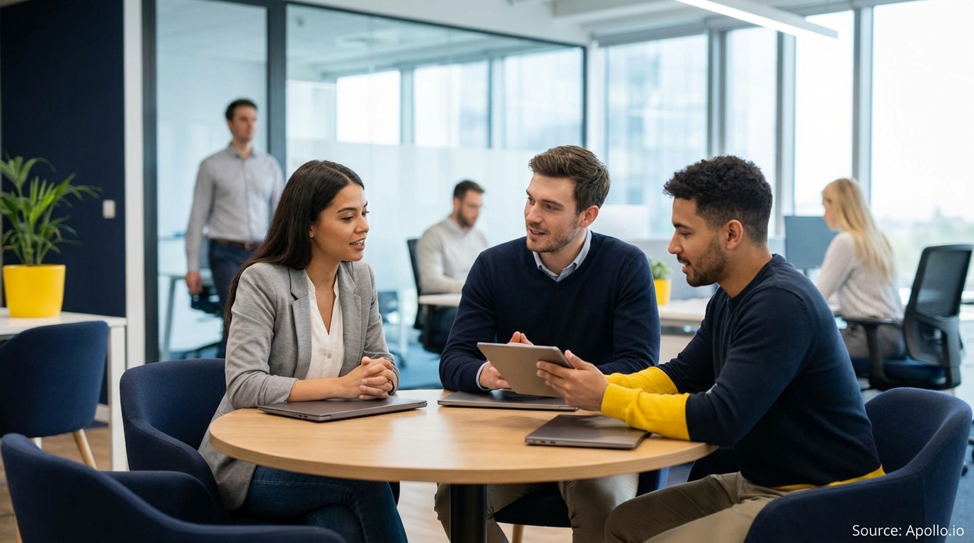 Three professionals discuss a tablet and laptops at a round table in a modern office.