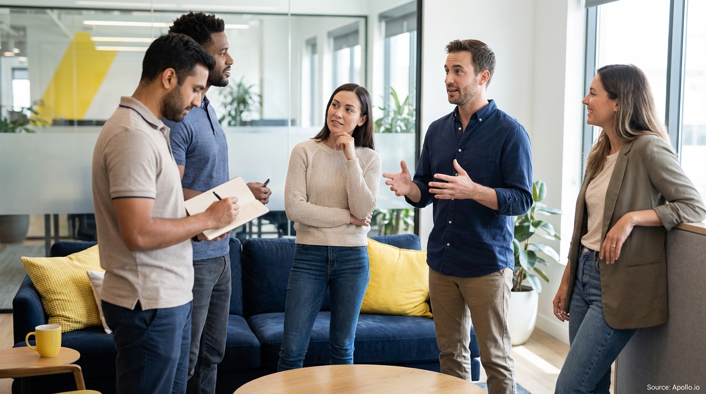 Five colleagues in a modern office space, one writing, others engaged in discussion.