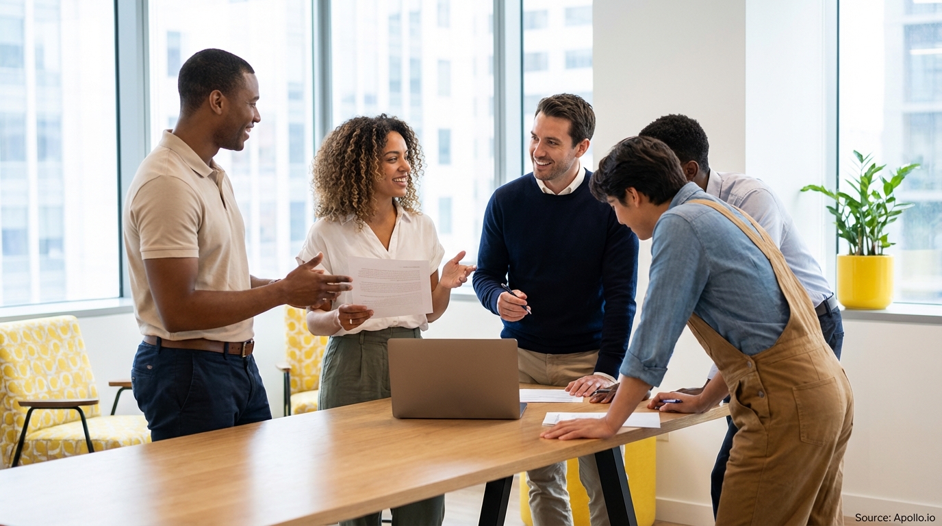 Five diverse professionals discuss documents and a laptop around a table in a modern office.