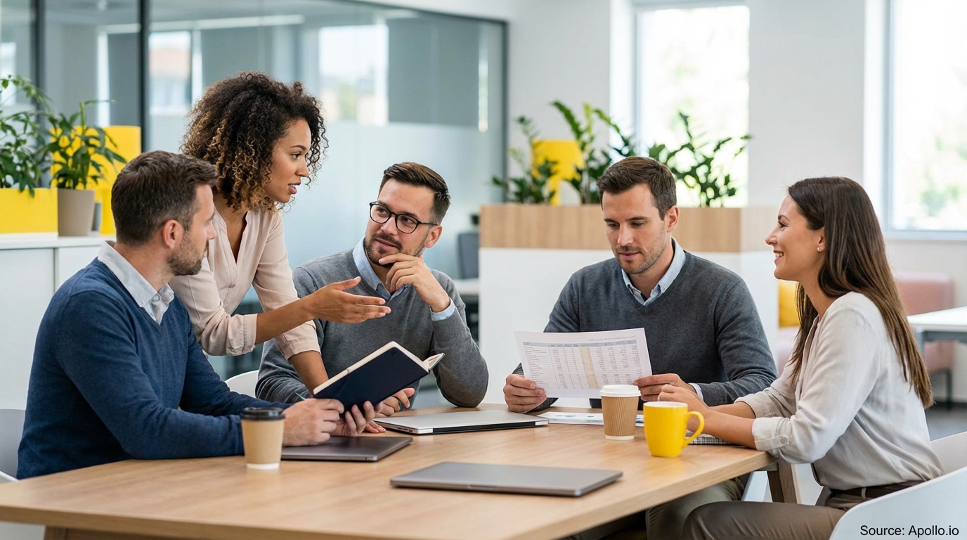 Four colleagues discuss and review documents at a wooden office table.
