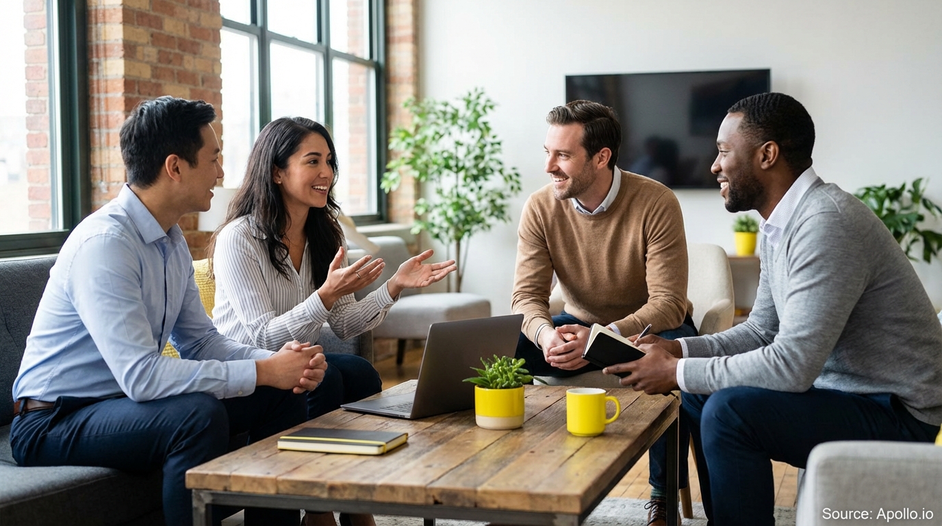 Four smiling colleagues discuss work around a coffee table with a laptop.