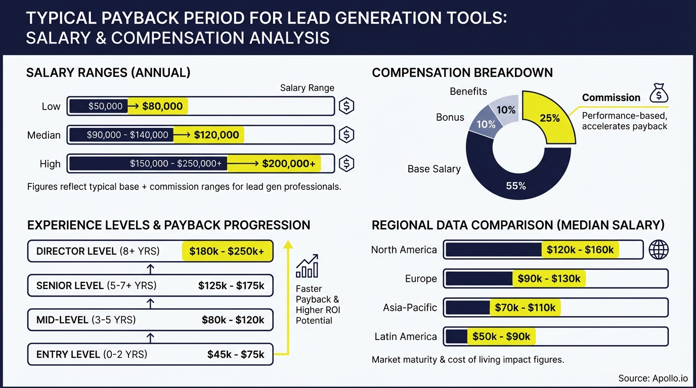 Infographic analyzes lead generation professional salaries, compensation, experience levels, and regional pay for payback.