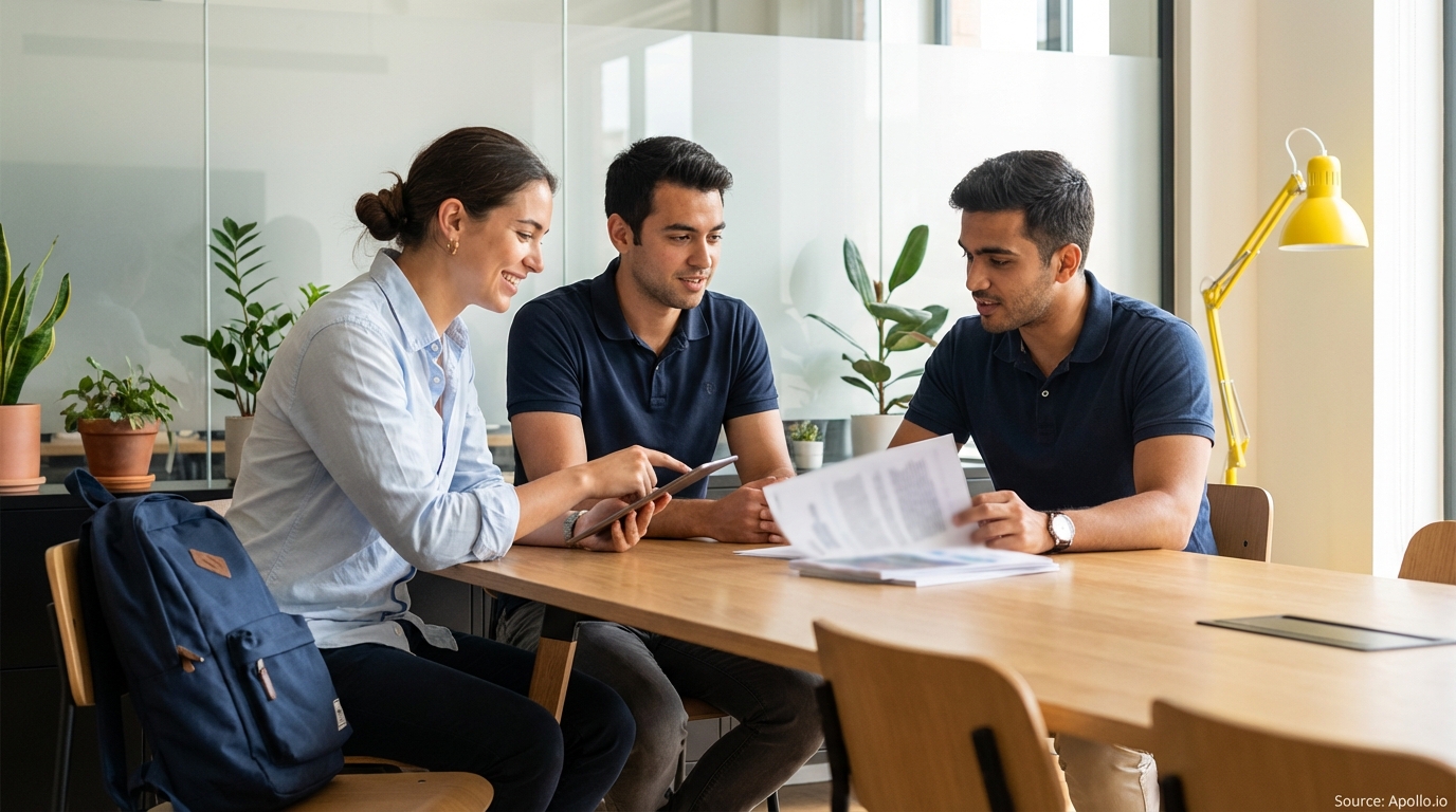 Three professionals discuss at a modern office table, looking at a tablet and documents.