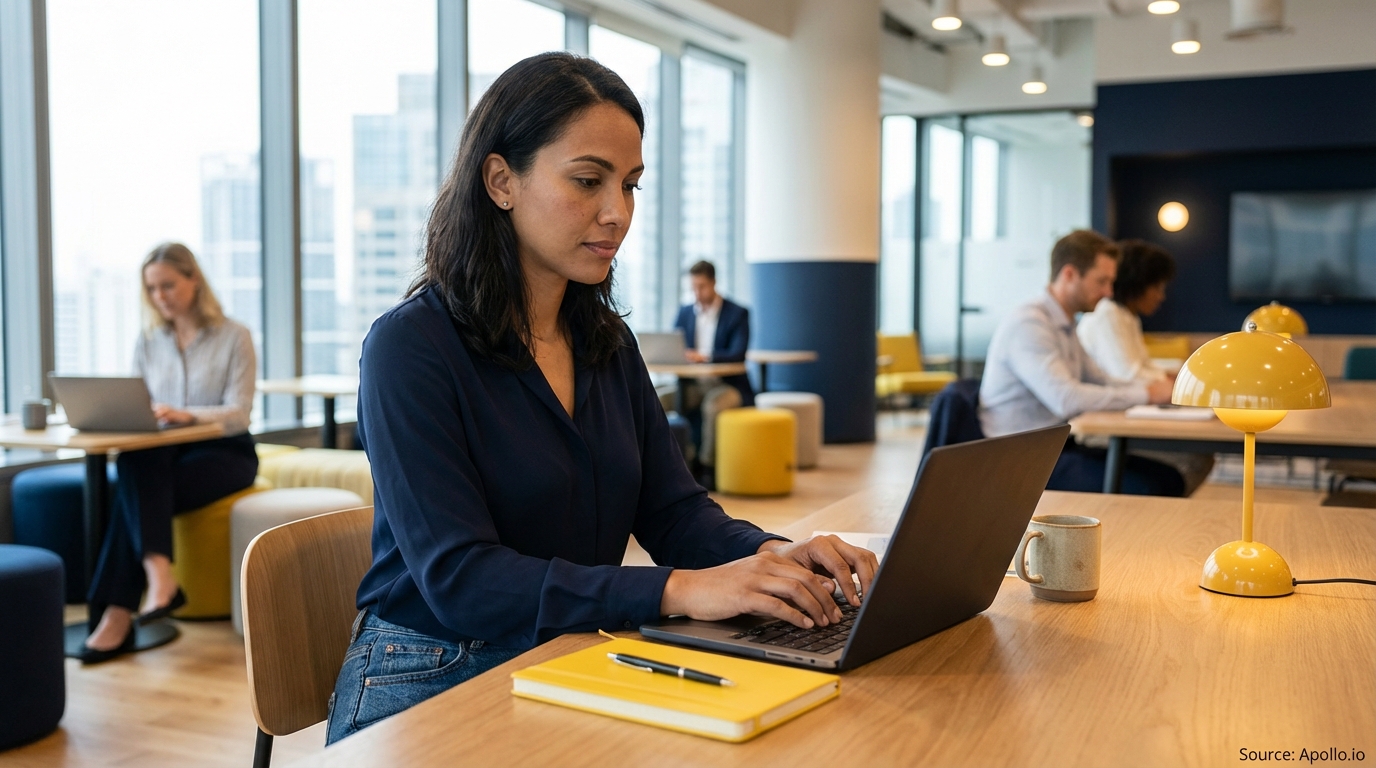 Five professionals work on laptops in a modern open-plan office.