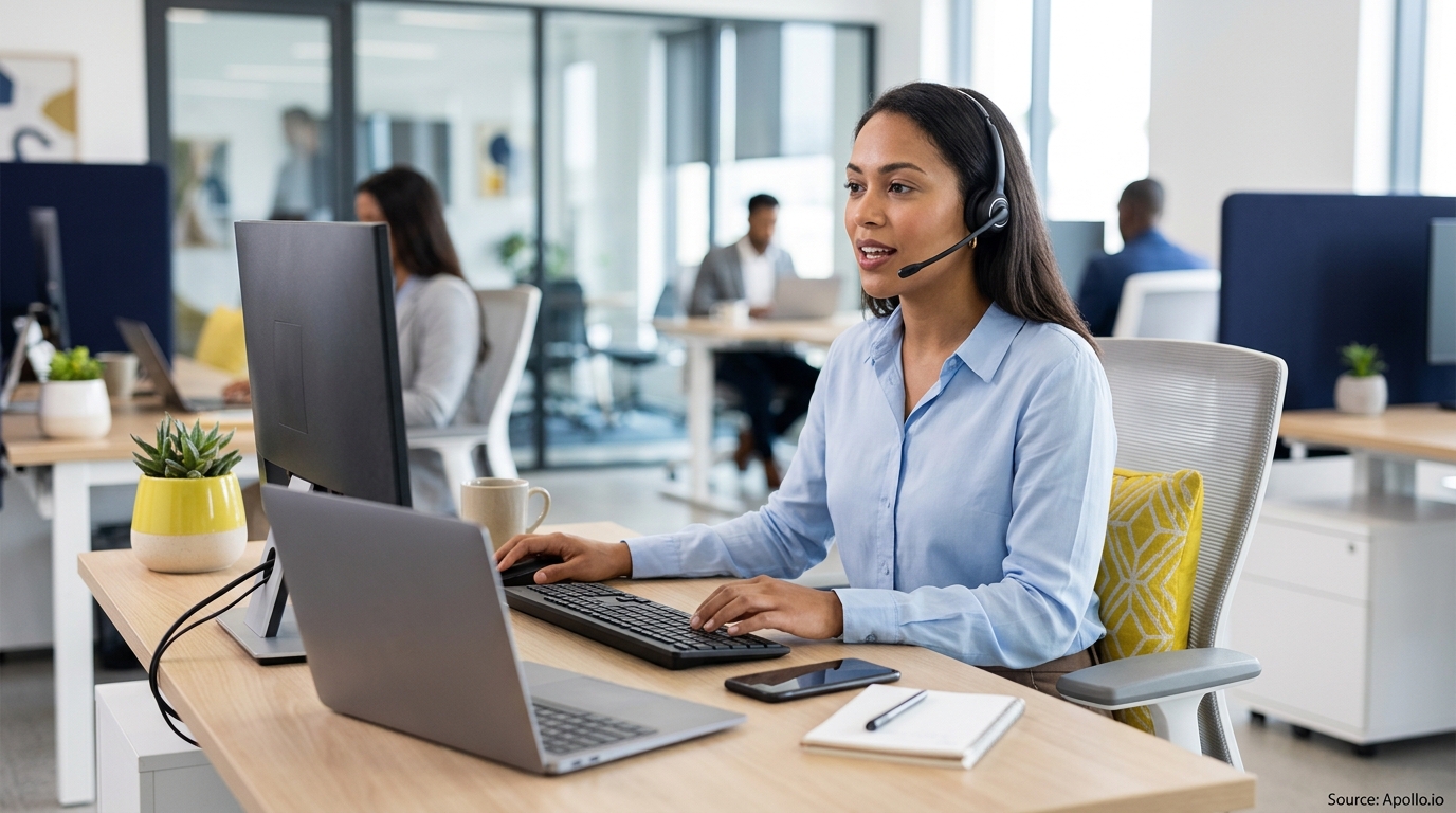 A woman wearing a headset works at her computer desk alongside colleagues in a modern open-plan office.