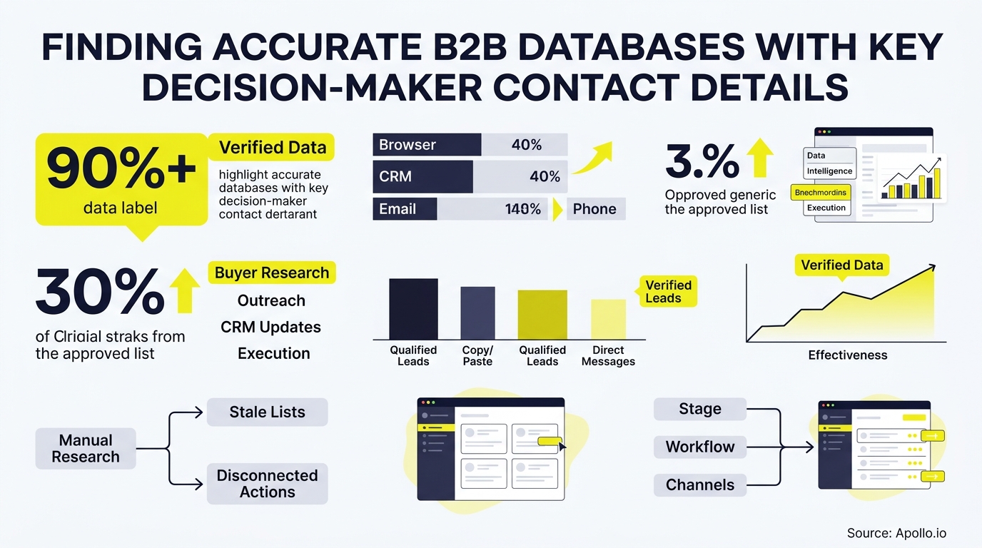 An infographic displays metrics, charts, and workflow diagrams about verified B2B contact databases.