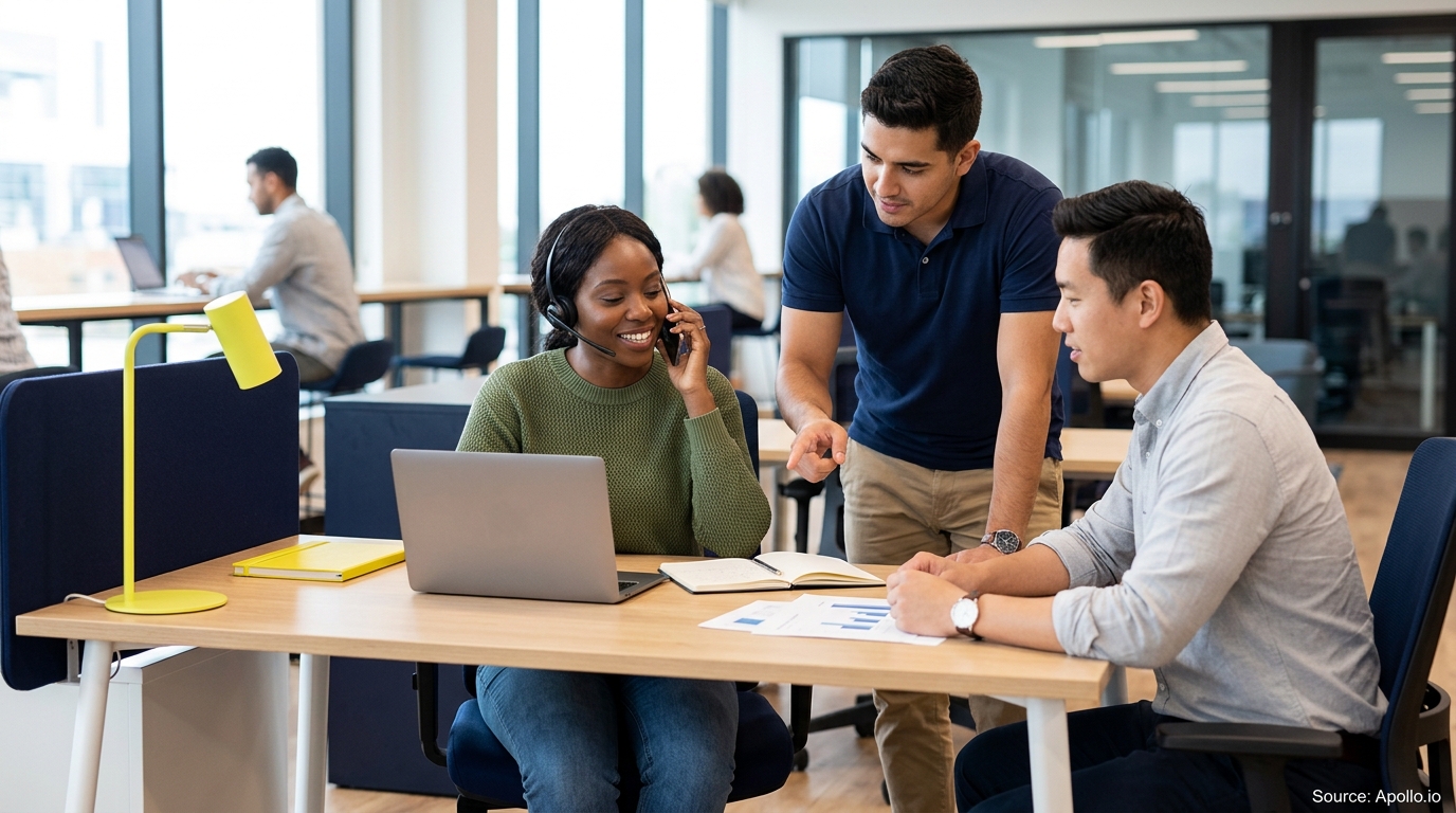 Three professionals collaborate around a desk with a laptop and documents in a bright, modern office.