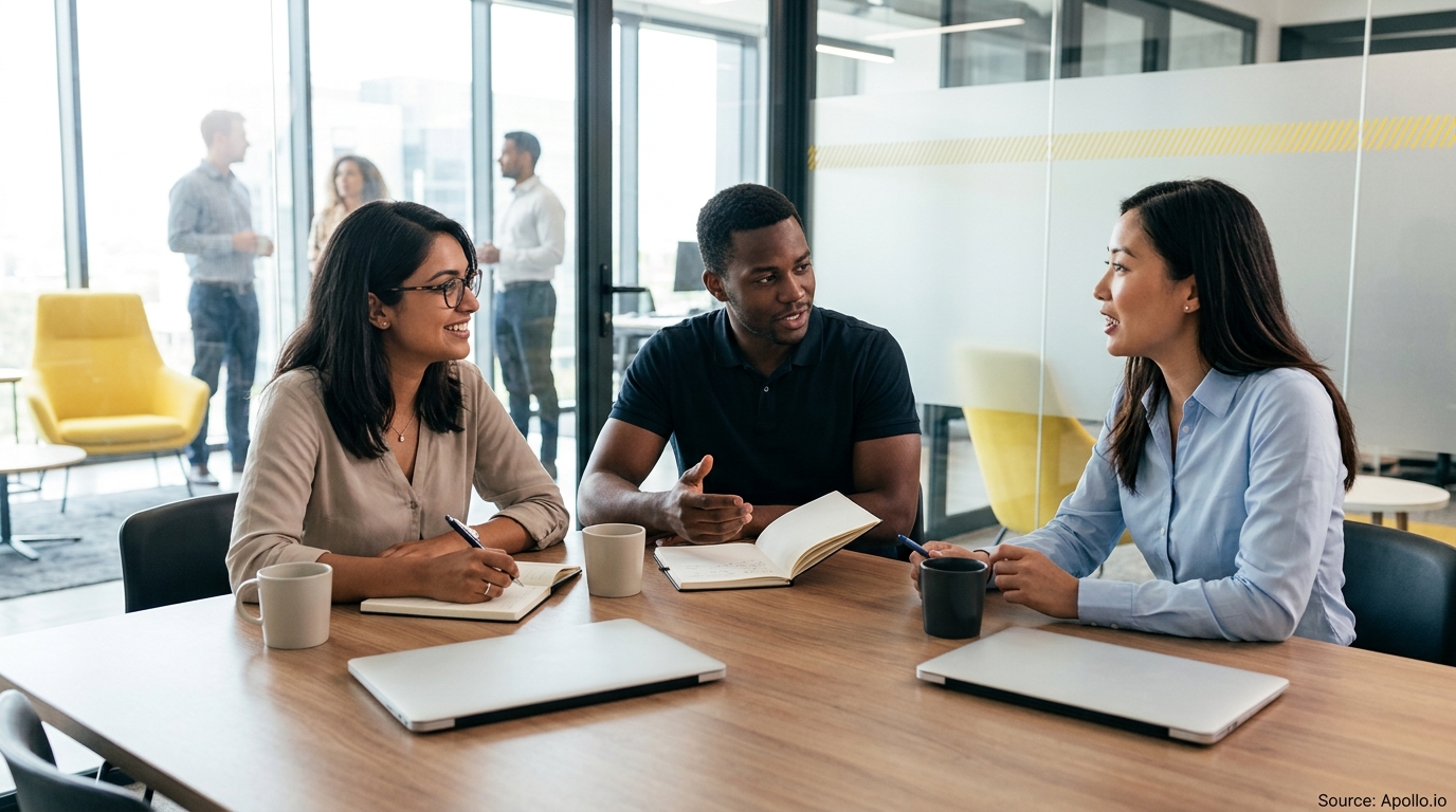 Three colleagues sitting at a modern conference table discussing ideas with notebooks and laptops.