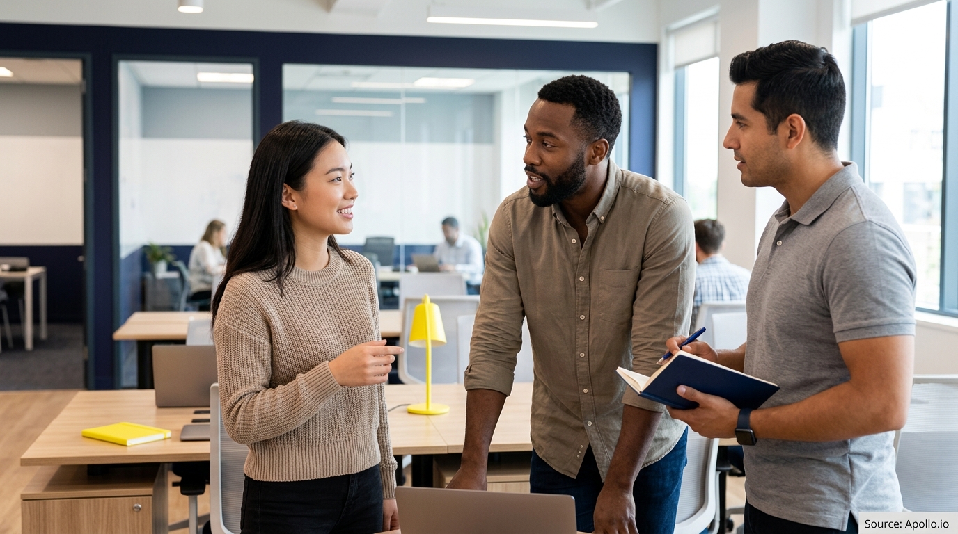 Three professionals stand together and discuss work in a bright, modern open-plan office.