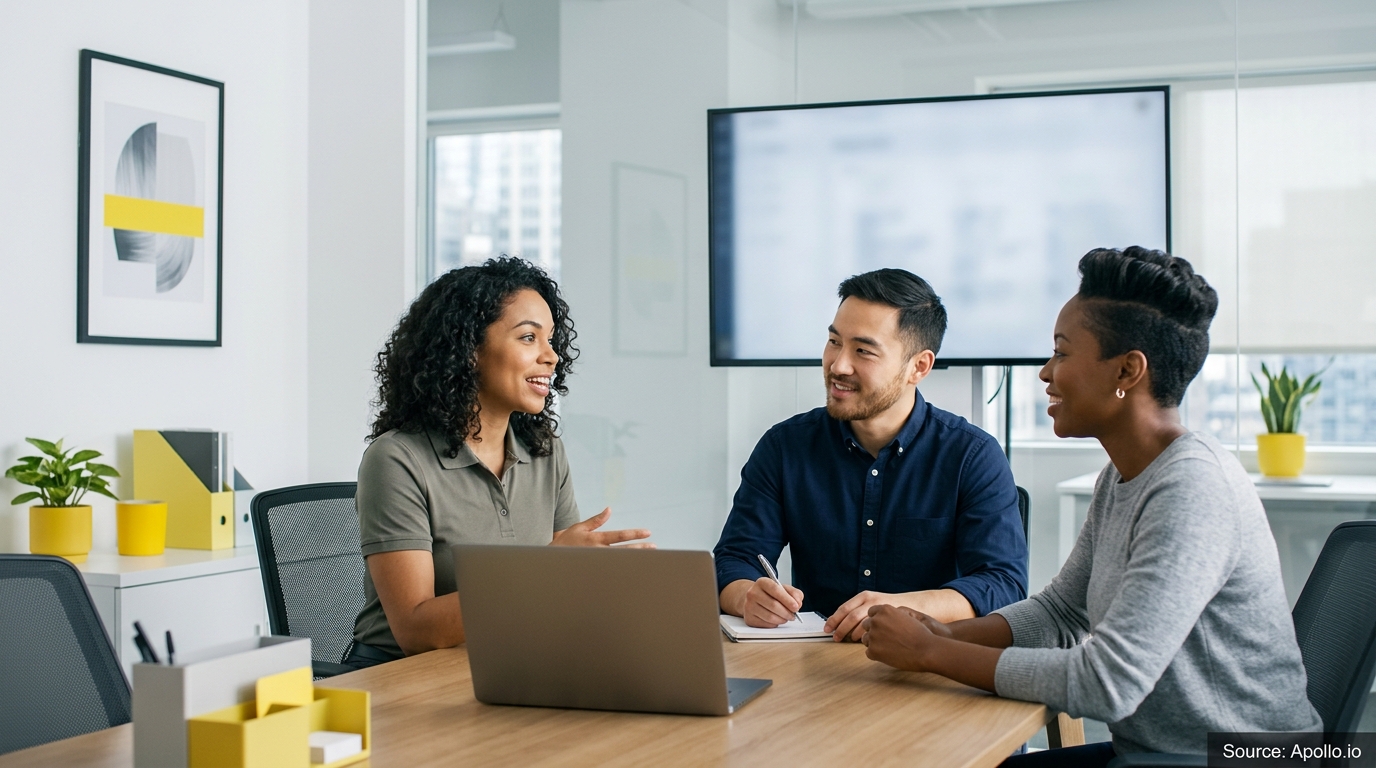 Three professionals collaborating around a laptop and notebook at a modern office conference table.