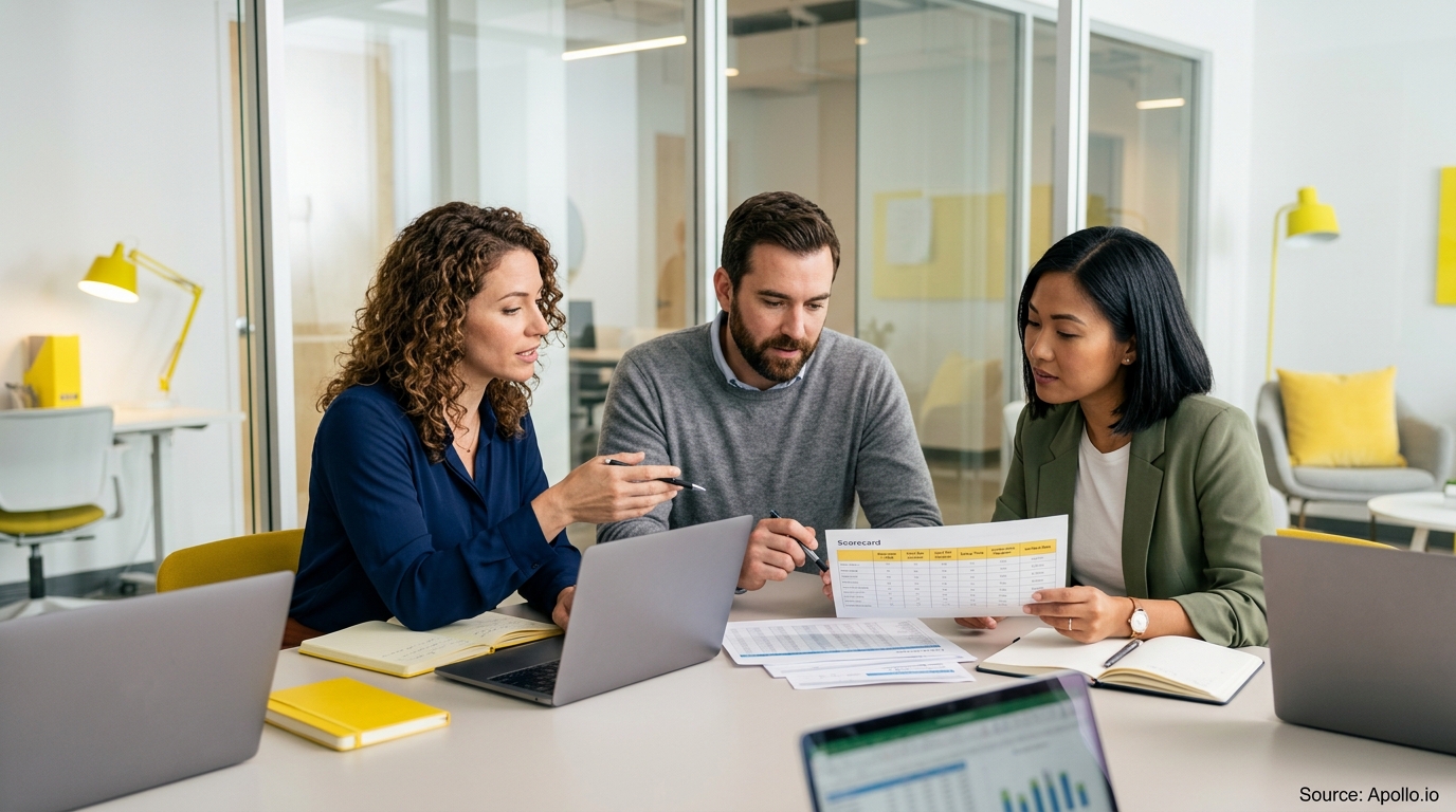 Three professionals review data reports and laptops together around a table in a modern office.