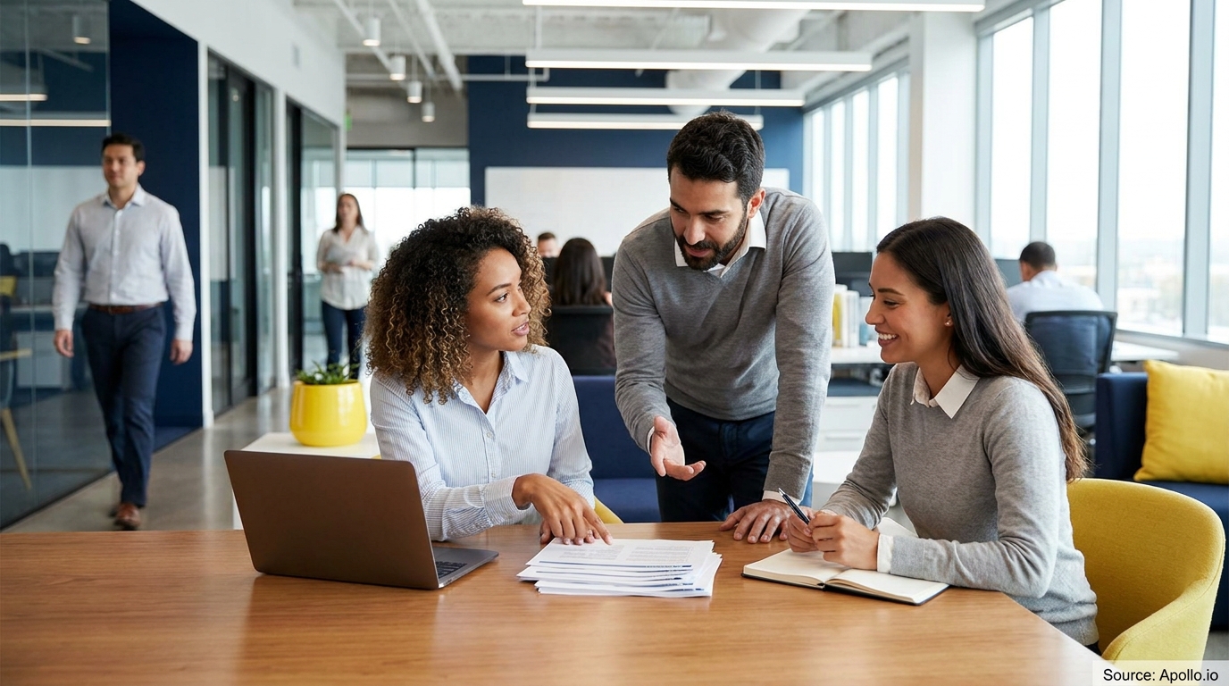 Three colleagues discuss documents and collaborate at a modern office table.