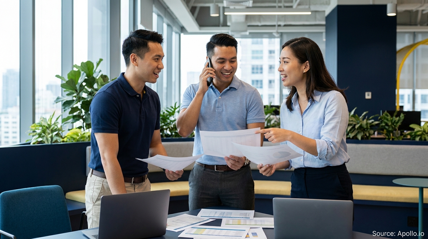 Three smiling professionals review documents and talk on the phone at a modern office table.