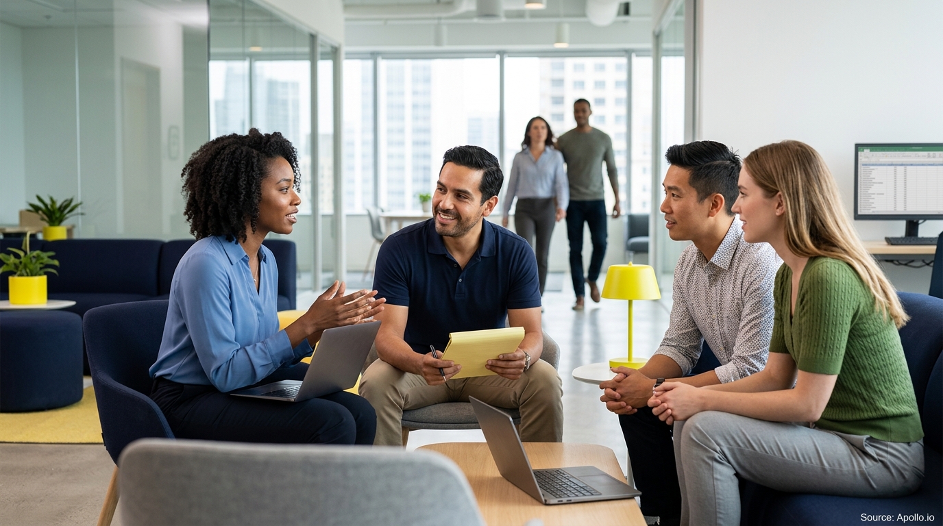 Four professionals collaborate in a bright, modern office lounge using laptops and notepads.