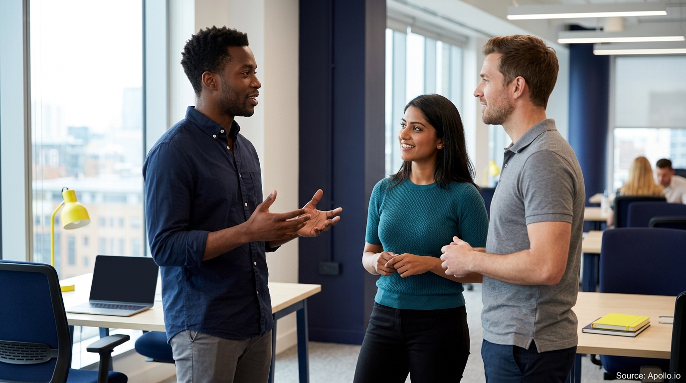Three diverse professionals converse in a bright, modern office space with desks and large windows.