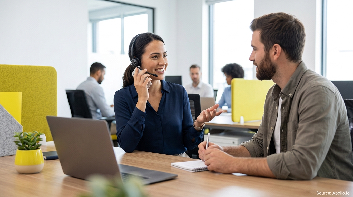 A woman wearing a headset speaks with a male colleague taking notes at a modern office desk.