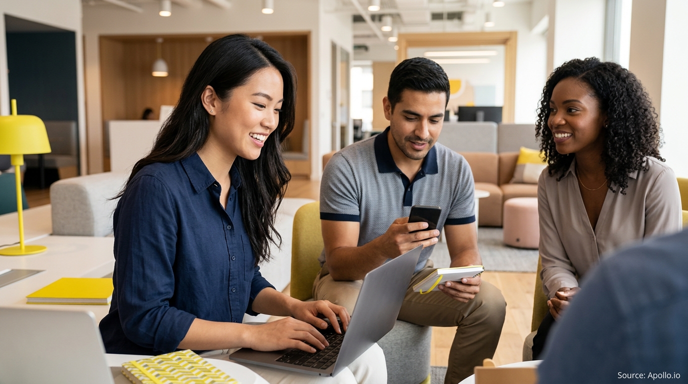 Three colleagues collaborate using a laptop and smartphone in a bright, modern office lounge.