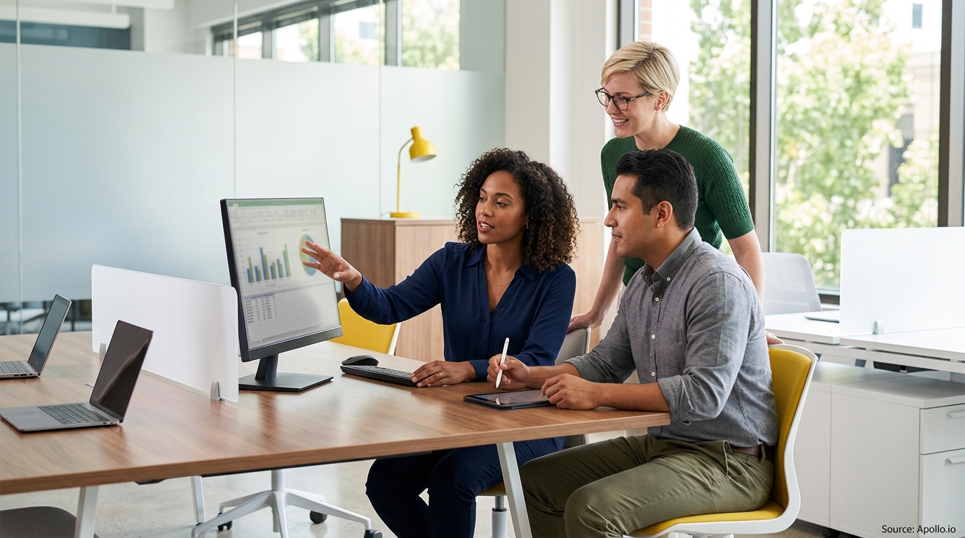 Three colleagues review data charts on a computer screen together at a modern office desk.