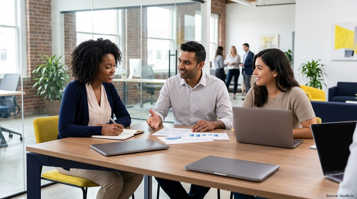 Three colleagues discuss documents and work on laptops around a wooden table in a modern, open-plan office.