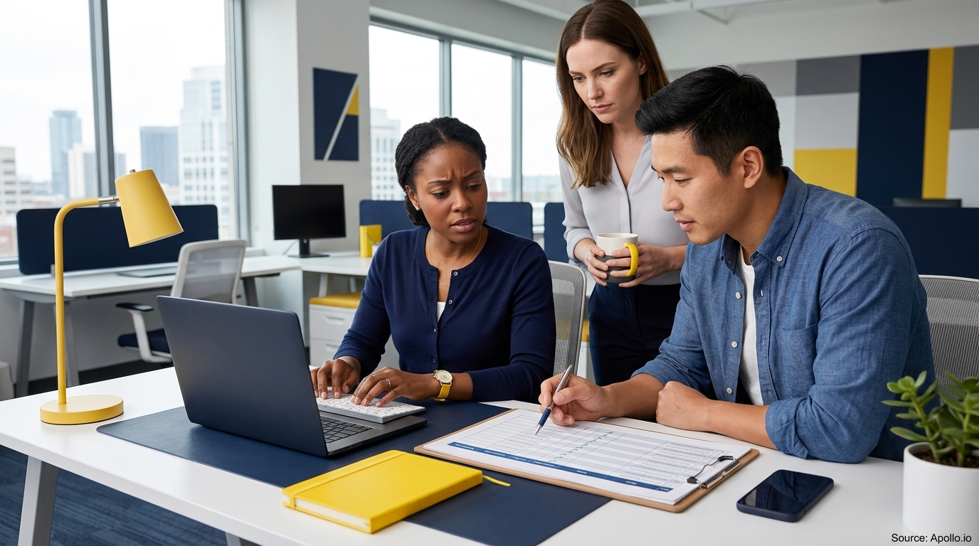 Three colleagues collaborate at a desk, reviewing information on a laptop and clipboard in a modern office.