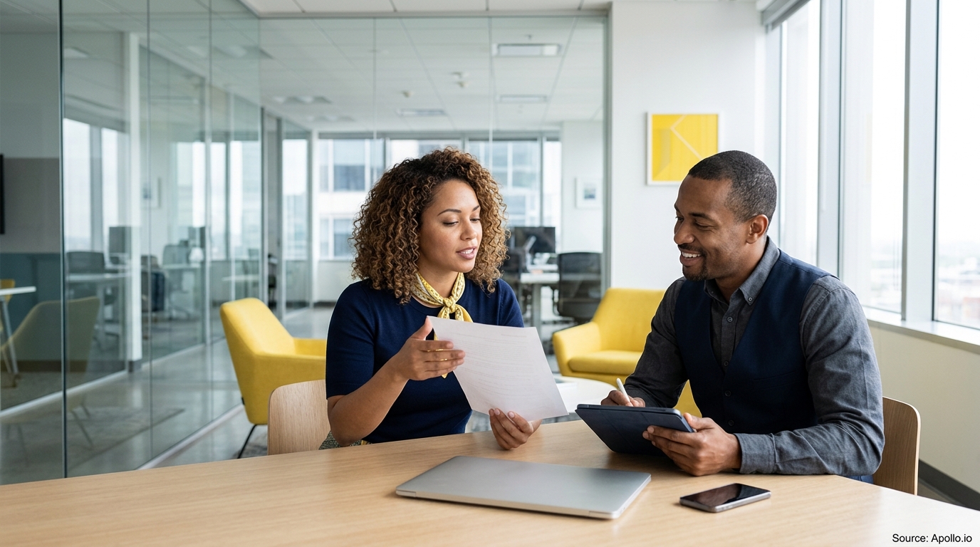 Two colleagues review a printed document and a tablet together at a modern office table.