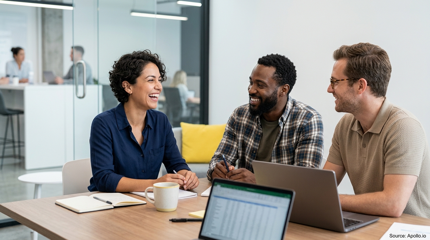 Three colleagues smile and talk while working together around a table with laptops in a modern office.
