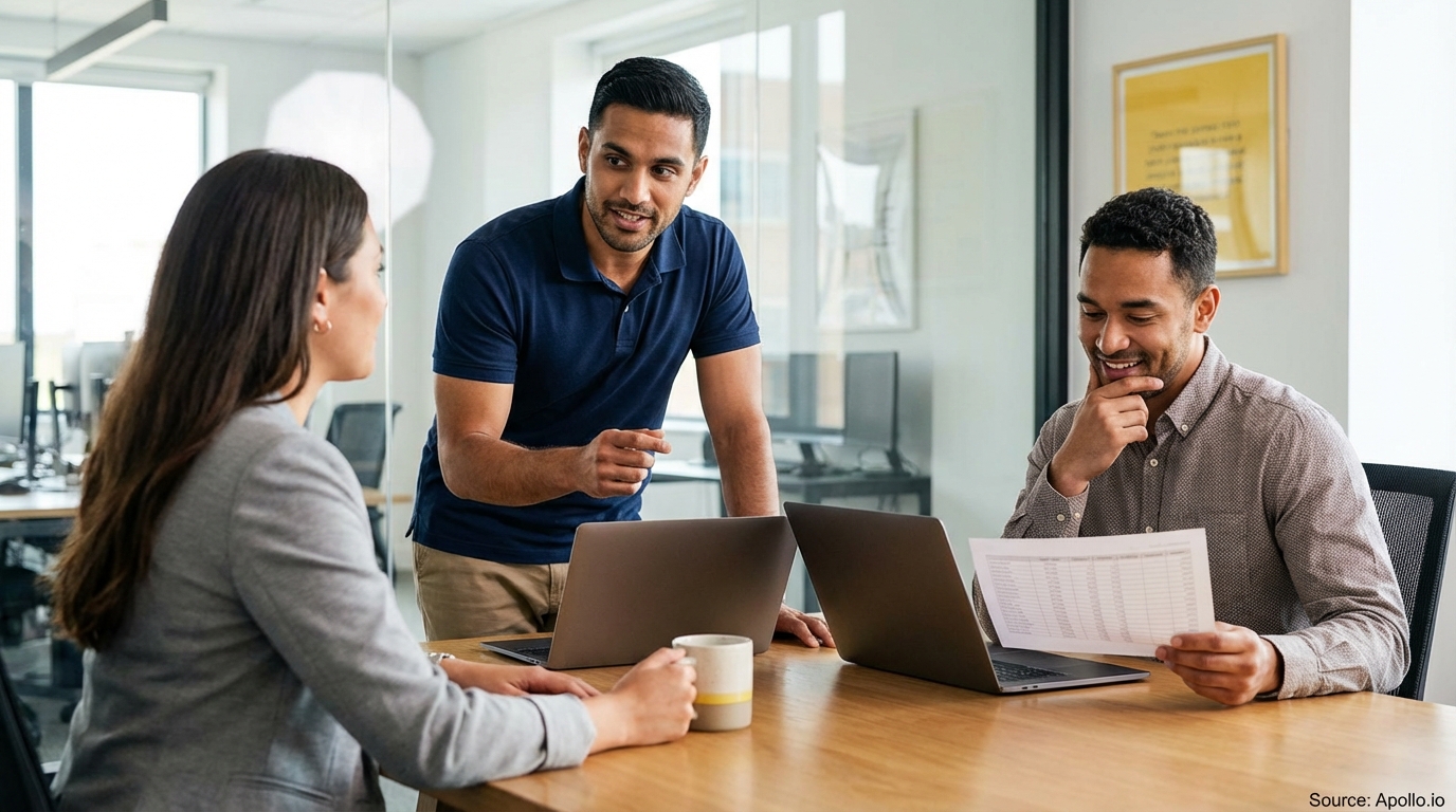 Three colleagues discuss documents and laptops at a bright office meeting table.