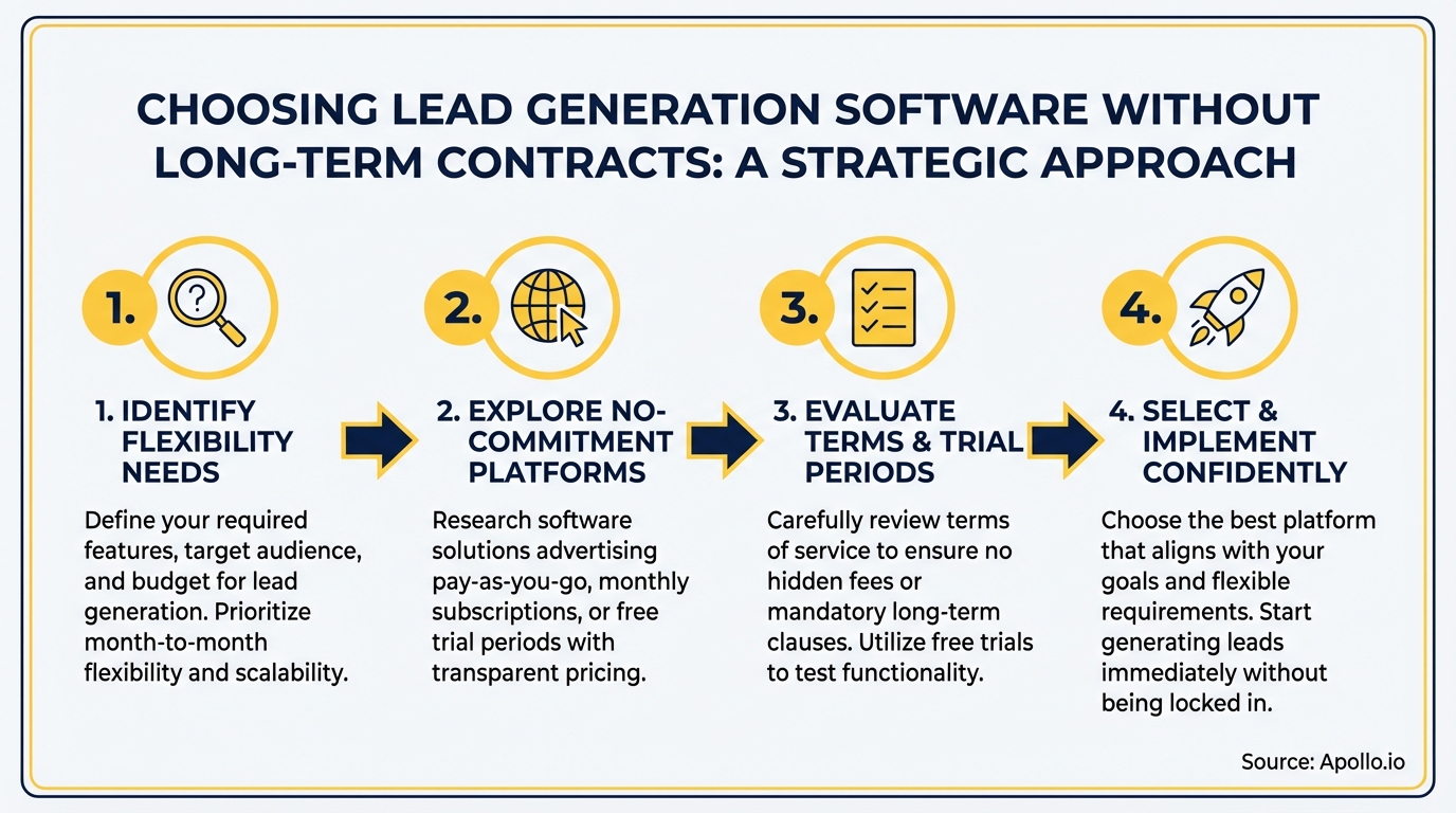 Infographic showing four steps for selecting lead generation software without long-term contracts.