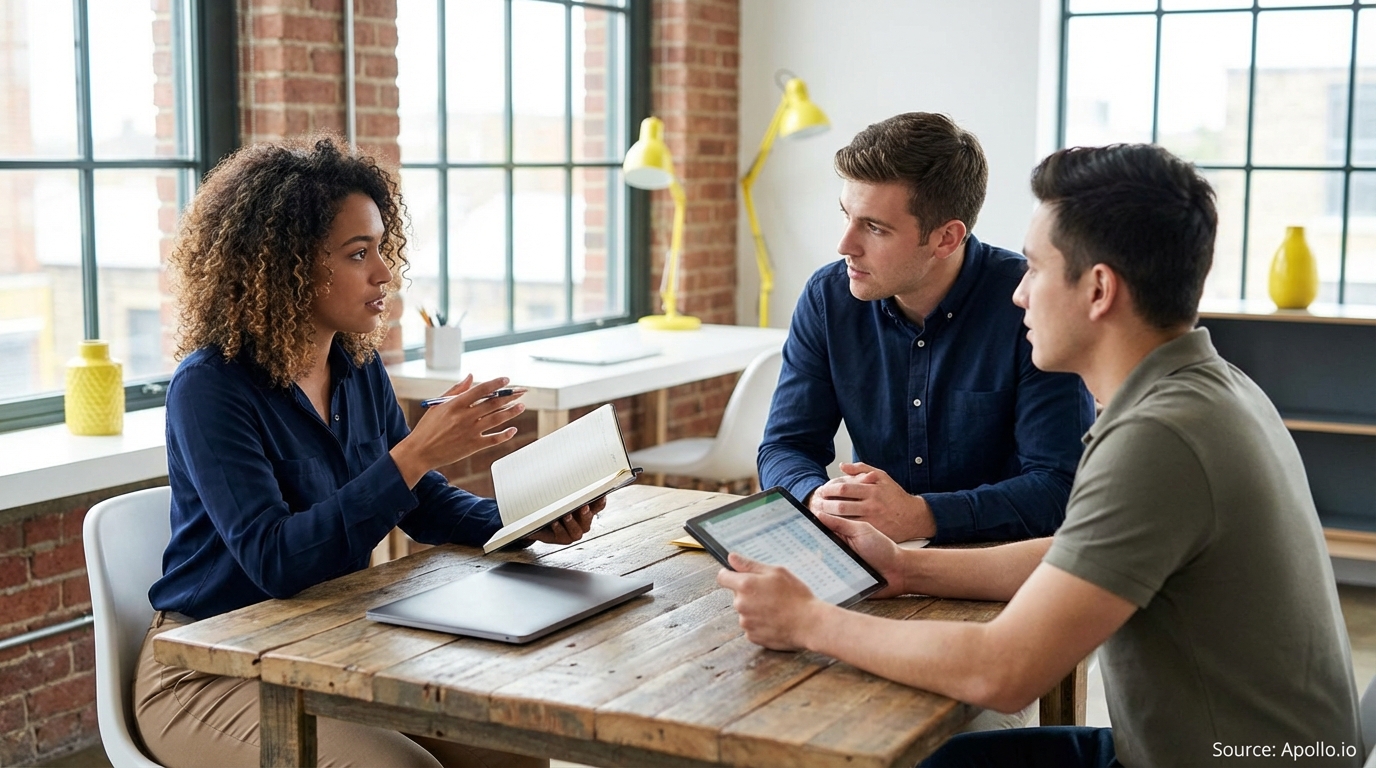 Three professionals discuss work with a tablet and notebook at a modern office table.