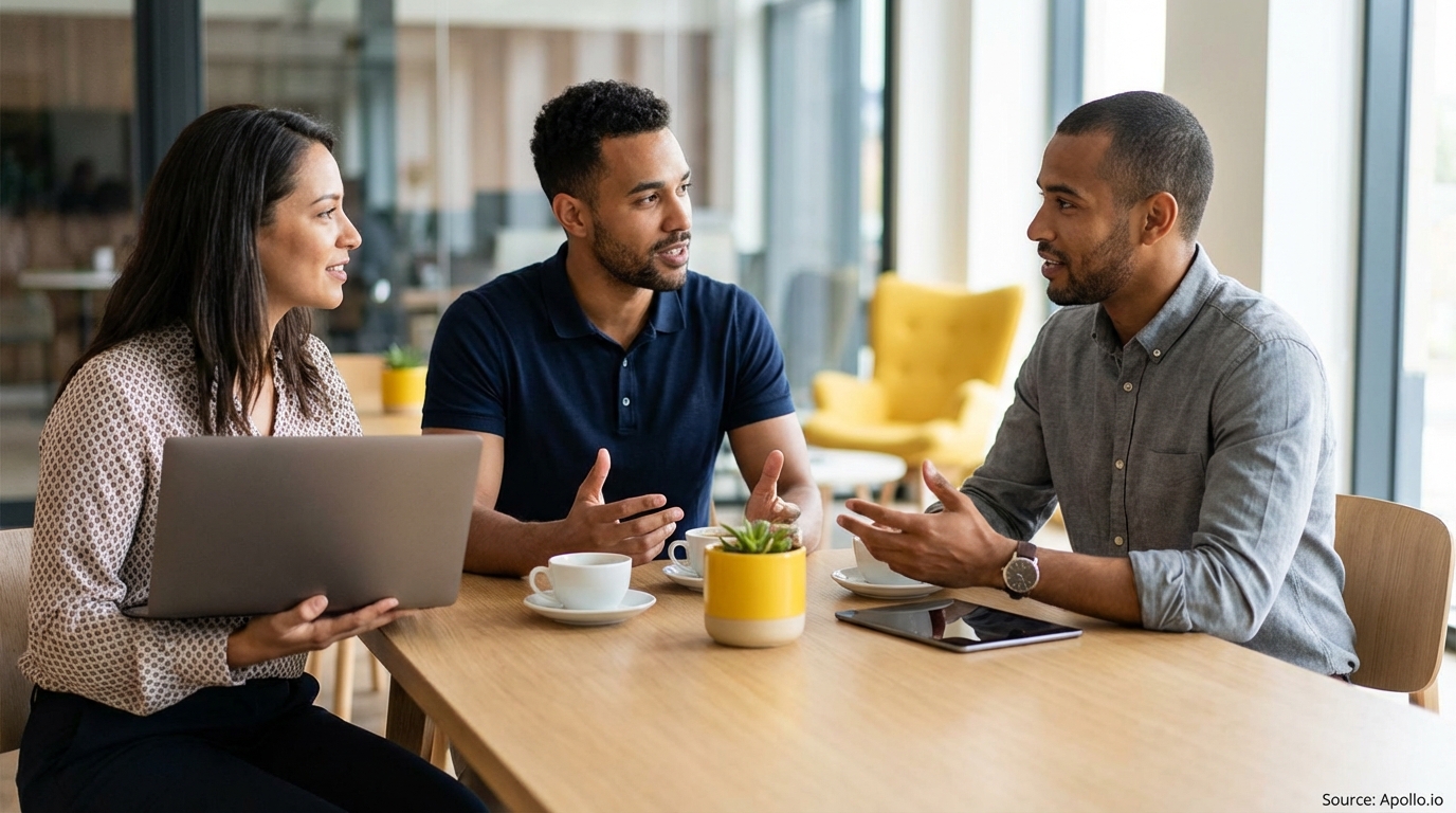 Three professionals discuss at a modern office table with a laptop, tablet, and coffee.