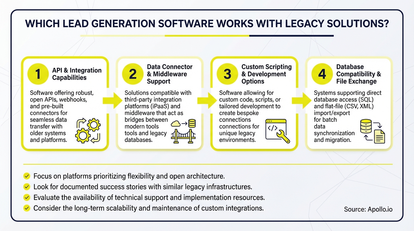 Infographic explains four ways lead generation software integrates with legacy solutions and offers tips.