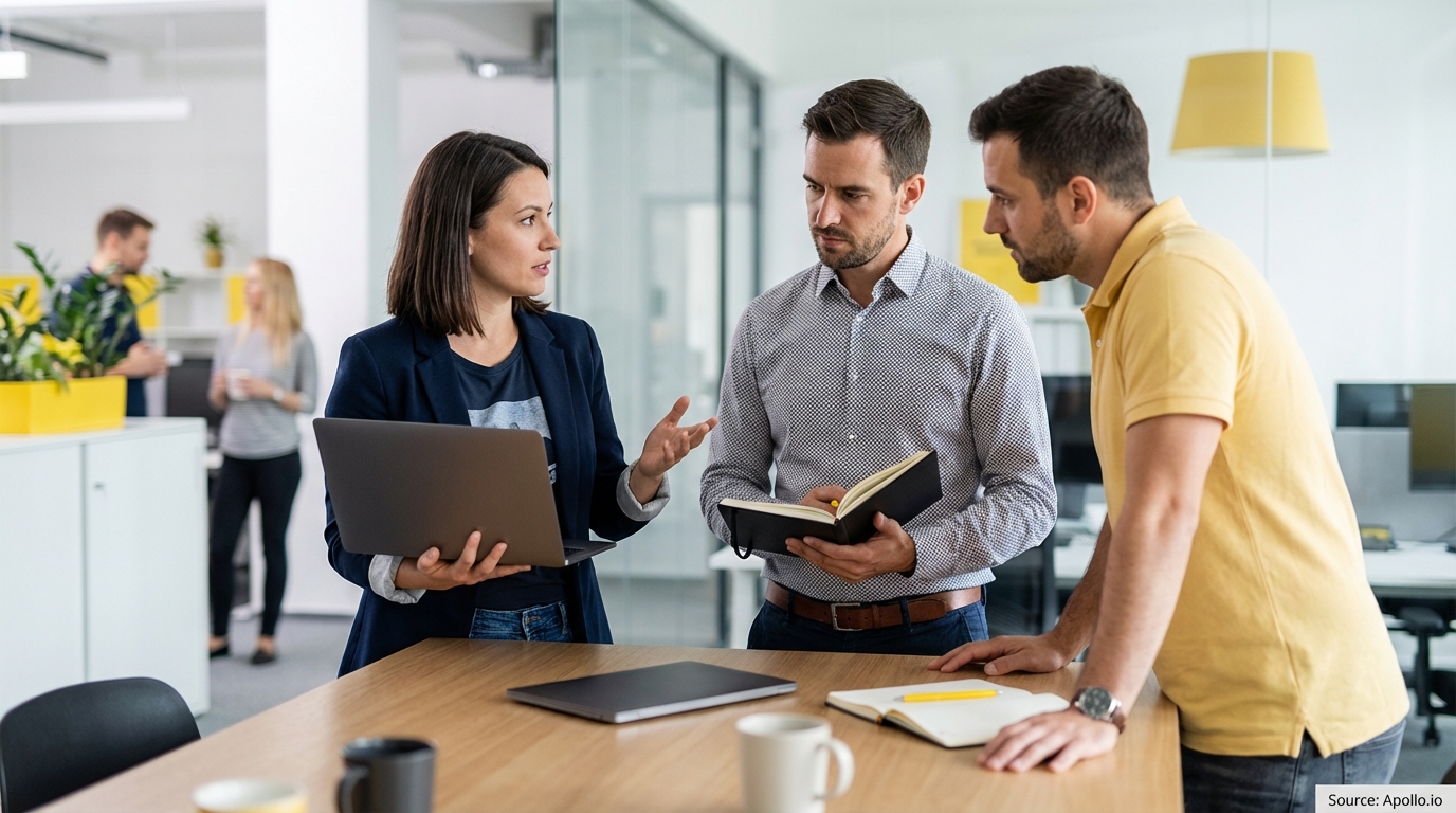 Three professionals discuss a project at a modern office table, one holding a laptop.