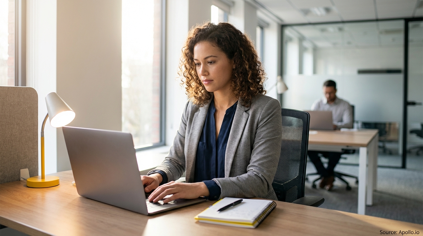 Woman typing on a laptop at a bright office desk, man working in background.