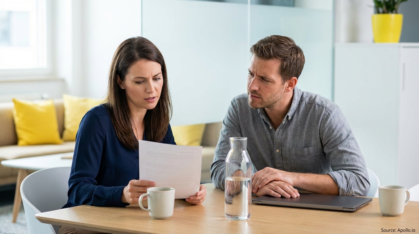 Two professionals intently review a document at a modern office table.