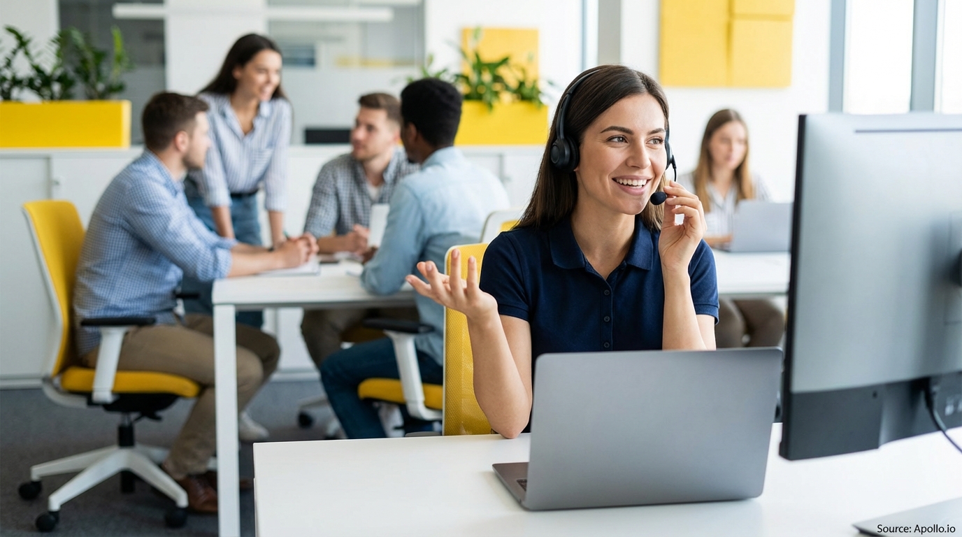A smiling customer service agent in a headset works on a laptop in a modern office with colleagues in the background.