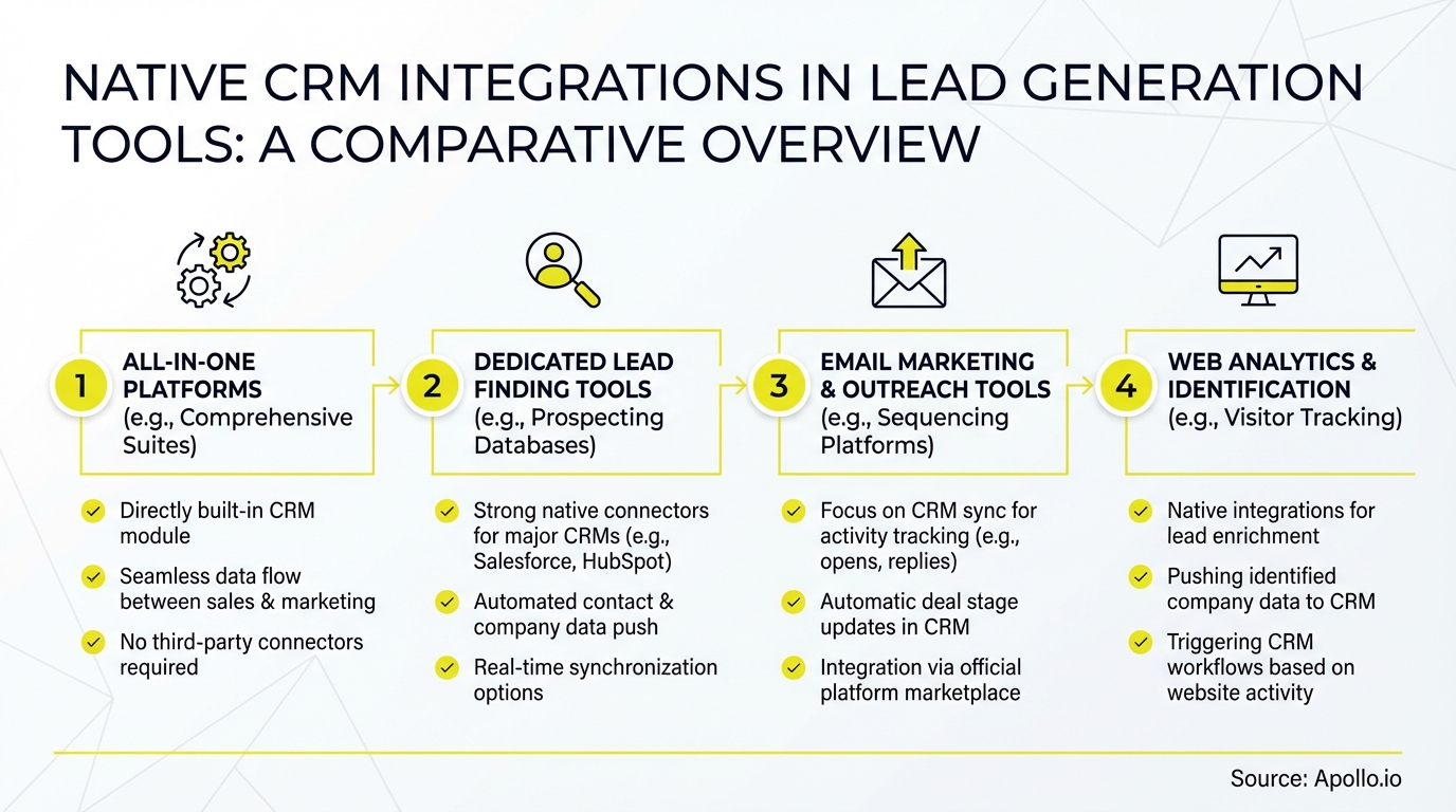 Infographic comparing four types of lead generation tools with native CRM integration features.